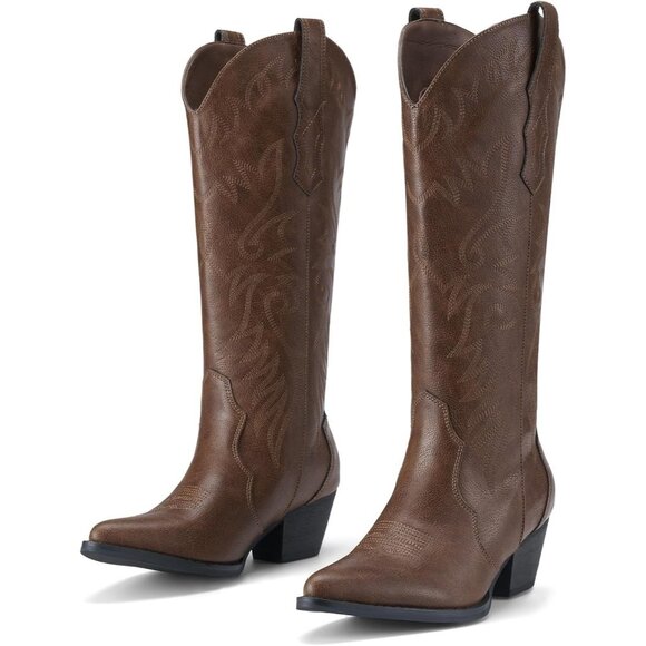 Women's Brown Embroidered Knee-High Western Boots Pointy Toe with Chunky Heel - Picture 1 of 6